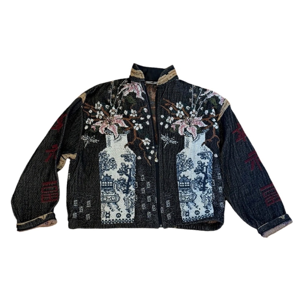 Maxson Tapestri Vtg 90s USA Woven Jacket Chinoiserie Vase Floral Asian Art Zip